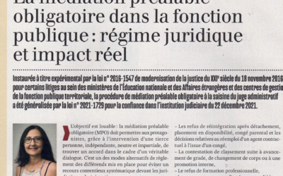 « La Médiation Préalable Obligatoire dans la fonction publique: régime et impact réel », Article de Fabienne Yver du 30 septembre 2022
